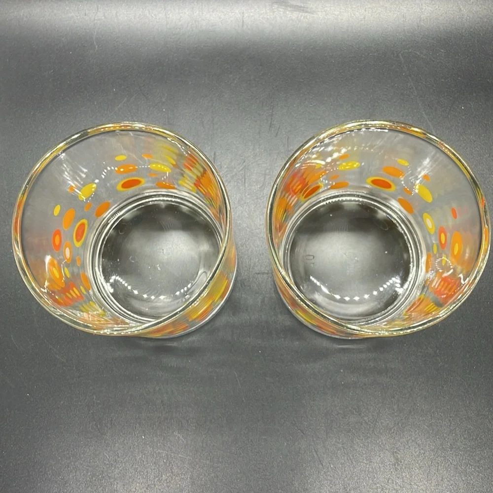 Vintage 1960s 1970s MCM Mod Orange & Yellow Polka Dot Rocks Glasses Set of 2